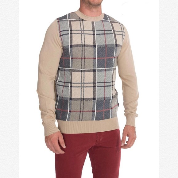 Barbour Men’s Downfield Crew Plaid Cotton Sweater SZ Small Dark Stone NWT